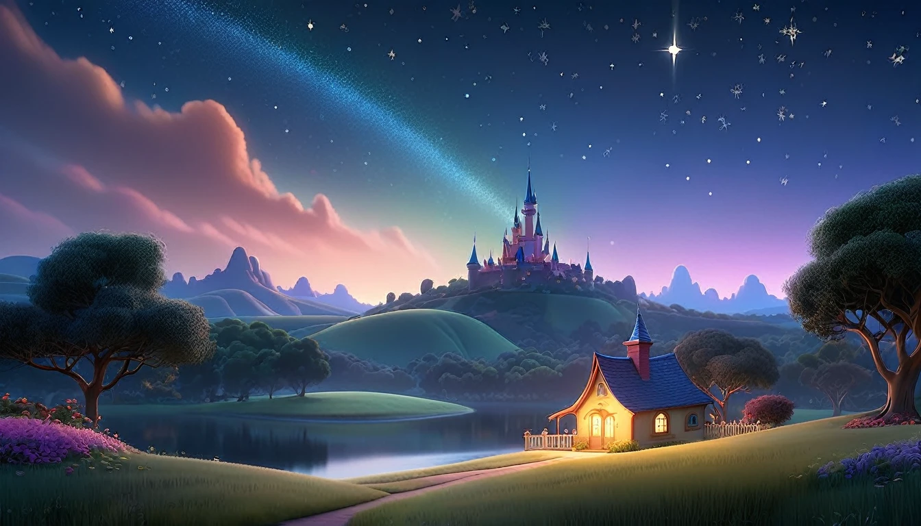 "A night sky featuring a single, twinkling star casting a gentle glow over a serene landscape, in a charming Disney Pixar style."