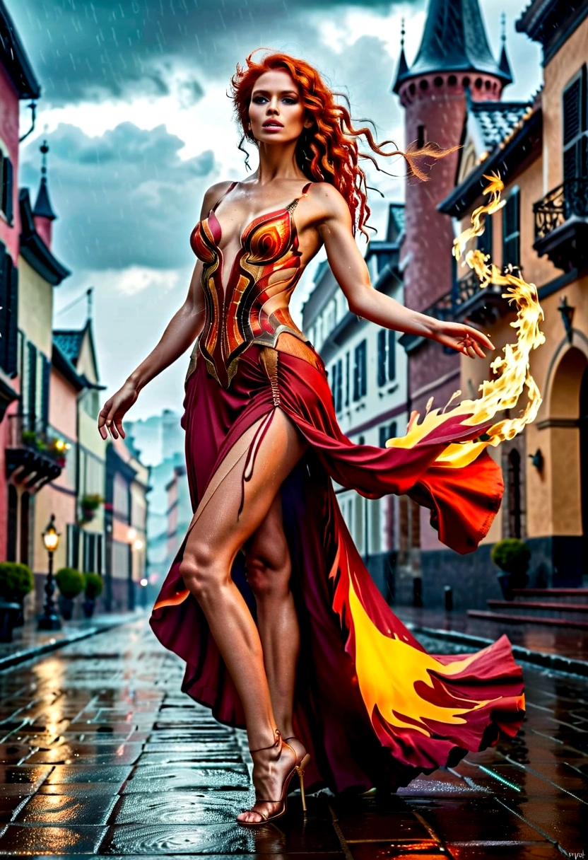 a sorceress of fire making fire dance in a the ((storm of rain: 1.3)), a most exquisite beautiful sorceress, controlling fire manipulating fire, a woman, dynamic hair color, dynamic hair style, wet hair, wet face, dynamic eyes color, full body shot, wearing dress made of fire, wearing intricate high heels, light make up, dancing in courtyard of a fantasy castle, ((heavy rain drops: 1.1)), clouds in the sky,  (anatomically correct: 1.4), (full body shot: 1.1) , vibrant, Ultra-high resolution, High Contrast, (masterpiece:1.5), highest quality, Best aesthetics), best details, best quality, highres, ultra wide angle, 16k, [ultra detailed], masterpiece, best quality, (extremely detailed),  firecd_xl, phoenix dress, FireMagicAI