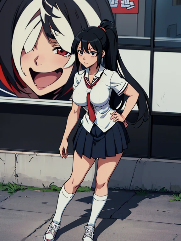 (best quality:1.5, highres, UHD, 4K, detailed lighting, ((ultra high quality)), ((ultra detail)), 1 girl solo, anime girl with ponytail and tie in a, black hair, anime moe artstyle, as an anime character, wearing , wearing a , nagatoro, an anime girl, cel shaded anime, wearing japanese , Ezra scarlet, beautiful anime high school girl, ((uniform high school)), wearing short sleeve white shirt white tie, female anime character, anime character, in an anime style, ((full body)), converse, converse high, (big breasts), highly detailed face, cool, tomboy