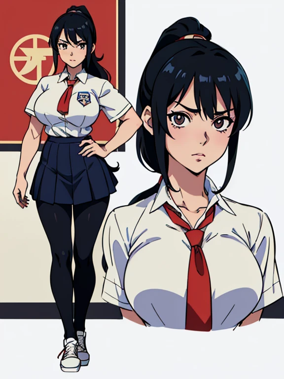 (best quality:1.5, highres, UHD, 4K, detailed lighting, ((ultra high quality)), ((ultra detail)), 1 girl solo, anime girl with ponytail and tie in a, black hair, anime moe artstyle, as an anime character, wearing , wearing a , nagatoro, an anime girl, cel shaded anime, wearing japanese , Ezra scarlet, beautiful anime high school girl, ((uniform high school)), wearing short sleeve white shirt white tie, female anime character, anime character, in an anime style, ((full body)), converse, converse high, (big breasts), highly detailed face, cool, tomboy
