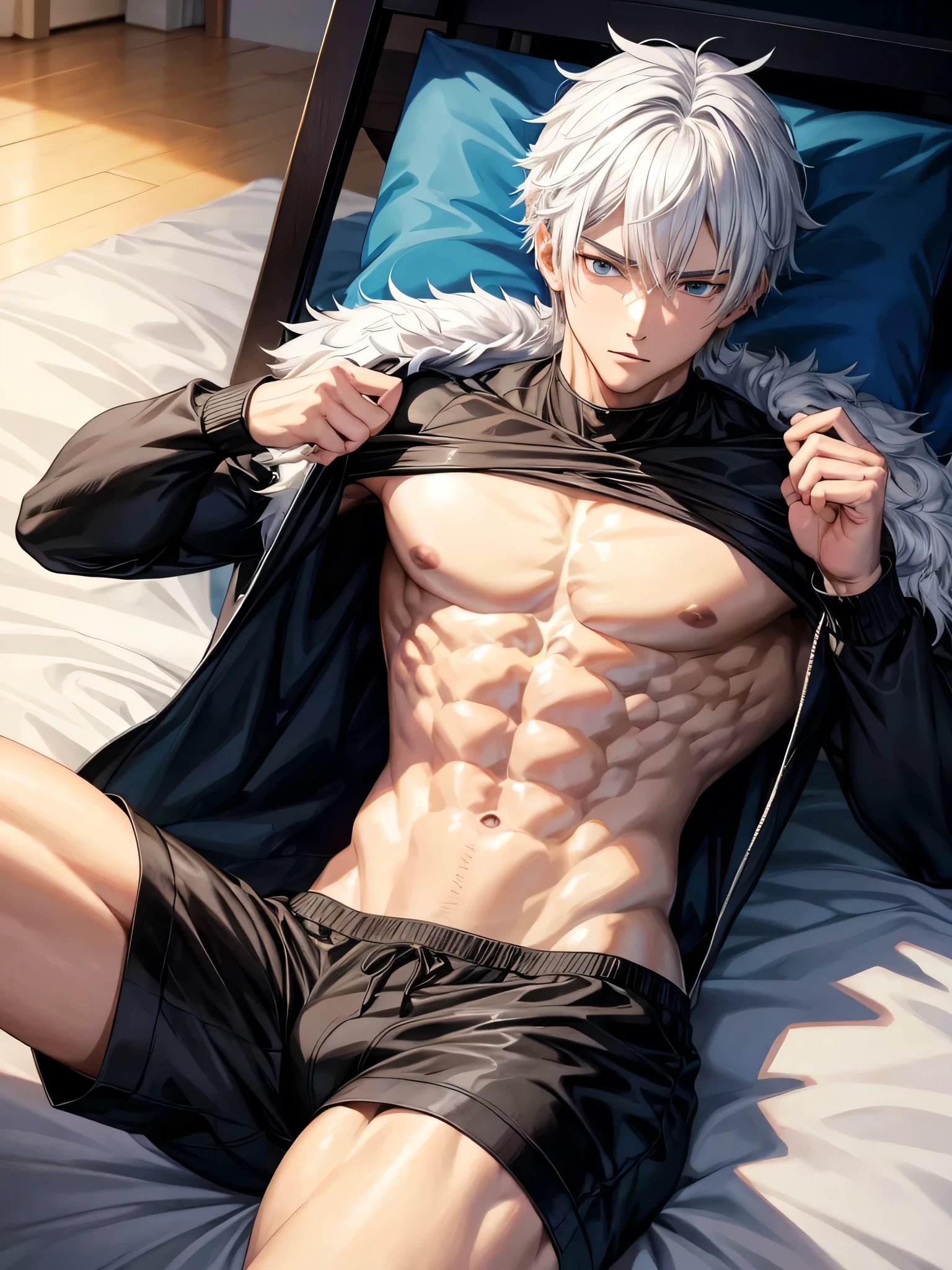 Anime guy about  without outerwear. Muscular with 6-pack abs and back. With white hair. Lying on the bed. 