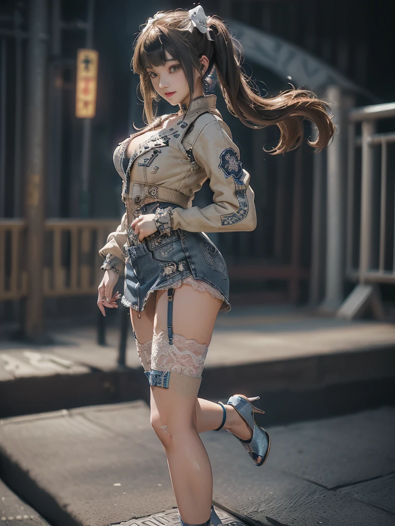 (Full Body View:1.ide view:1.2)、(Sg with teeth showing:1.3),(Shibuya Gal:1.5)、(Hostess:1.4)、(Neo-goth fashion:1.5)、(Punk RockVisual Kei:1.3)、(Futuristic bodysuit in white, beige and denim with embellishments:1.5)、(A delicate short jacket in denim, beige and navy:1.5)、(Denim garter belt:1.5)、(Tattered denim and a white micro mini skirt:1.3)、(Heart-shaped silver accessories:1.5)、(Brown Skin Belt:1.4)、(Blue High Heels:1.4)、(Lace patterned underwear:1.4)、20-year-old、NSFW,((Highest quality、In 8K、masterpiece:1.3))、Sharp :1.2、(Layered Cut、Huge boobs:1.1),Beau woman with perfect figure:1.4、(Doing an aerobics pose:1.3)、Slender Abs:1.2、BHighly detailed facd skin texture、Detailed eyes、double eyelid,(Twin tails:1.3)、(Brown-golden hair:1.3)、Obscene、Gravure idol、(Luxurious amusement park at night:1.3)、(Make your legs thinner:1.4)、(Thin thighs:1.4)、(Slim body:1.3)、(clavicle