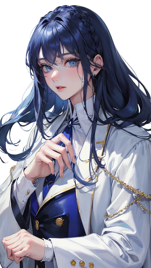 (Top resolution、Distinct_image)top-quality、femele、masterpiece、highly detailed、Semi-realistic、blue eyes、18year old、young、cool clothing、Exquisite facial features、Facial features、unique hairstyle, variations, potrait, white background, dark blue hair , long straight hairstyles, wear white suits, Mafia