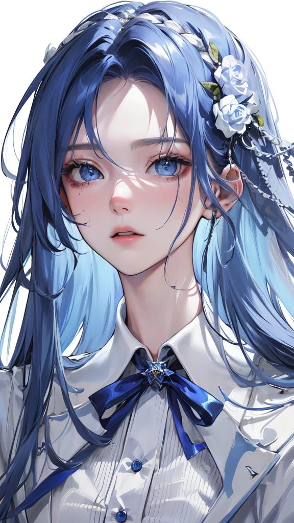 (Top resolution、Distinct_image)top-quality、femele、​masterpiece、highly detailed、Semi-realistic、blue  eyes、18year old、young、cool clothing、Exquisite facial features、Facial features、unique hairstyle, variations, potrait, white background,   dark blue hair , long straight hairstyles, wear white suits, Mafia 