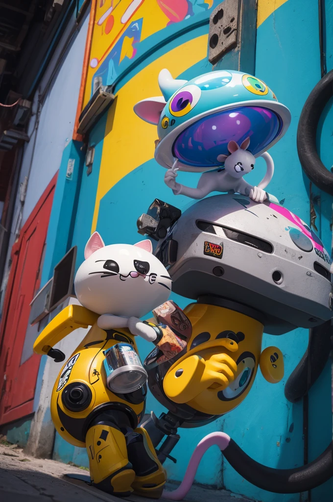 Centered illustration of an alien paint roller and a mouse and cat with handle, vetor super detalhado, graffiti style, 8K  
