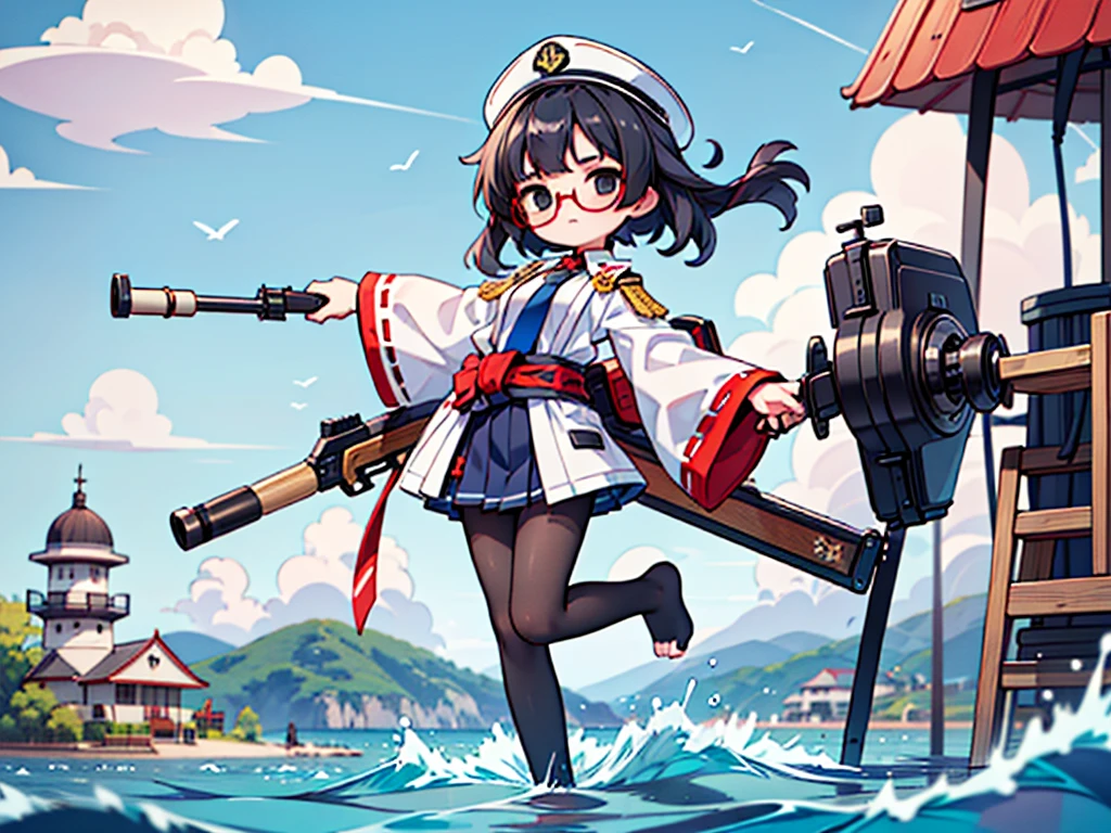 (((masterpiece, Vision))), ((((Full body of a woman with perfect flat chest、1 Female、solo、Short unkempt black hair、Tie your messy hair at the nape of your neck、white military jacket、Miko costume、black tights、Black glasses、White military cap、Cloudy black eyes、Confused eyes、Junyo-inspired emblem)))), (((Shipgirl))), ((Floating on the morning sea with both feet)), (Standing with your legs apart)), Aim, (Hold the shotgun turret grip with your right hand), (Equipped with a large caliber turret with a mechanical arm extending from the waist), (Equipped with a bridge on the back), (His left arm holds the grip of a triple machine gun), Shotgun shell in left arm, Bullet belt on thigh, Spreading the Machine&#39;s Wings, 2. Machine Tail, Naval base in the background, 