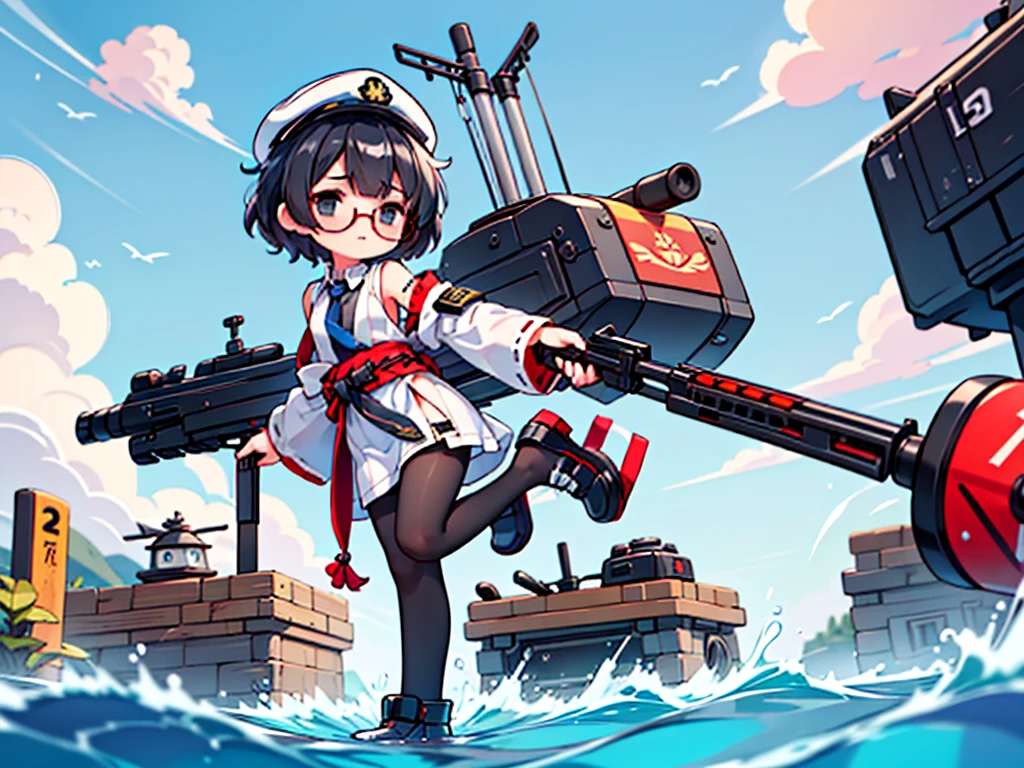 (((masterpiece, Vision))), ((((Full body of a woman with perfect flat chest、1 Female、solo、Short unkempt black hair、Tie your messy hair at the nape of your neck、white military jacket、Miko costume、black tights、Black glasses、White military cap、Cloudy black eyes、Confused eyes、Junyo-inspired emblem)))), (((Shipgirl))), ((Floating on the morning sea with both feet)), (Standing with your legs apart)), Aim, (Hold the shotgun turret grip with your right hand), (Equipped with a large caliber turret with a mechanical arm extending from the waist), (Equipped with a bridge on the back), (His left arm holds the grip of a triple machine gun), Shotgun shell in left arm, Bullet belt on thigh, Spreading the Machine's Wings, 2. Machine Tail, Naval base in the background,