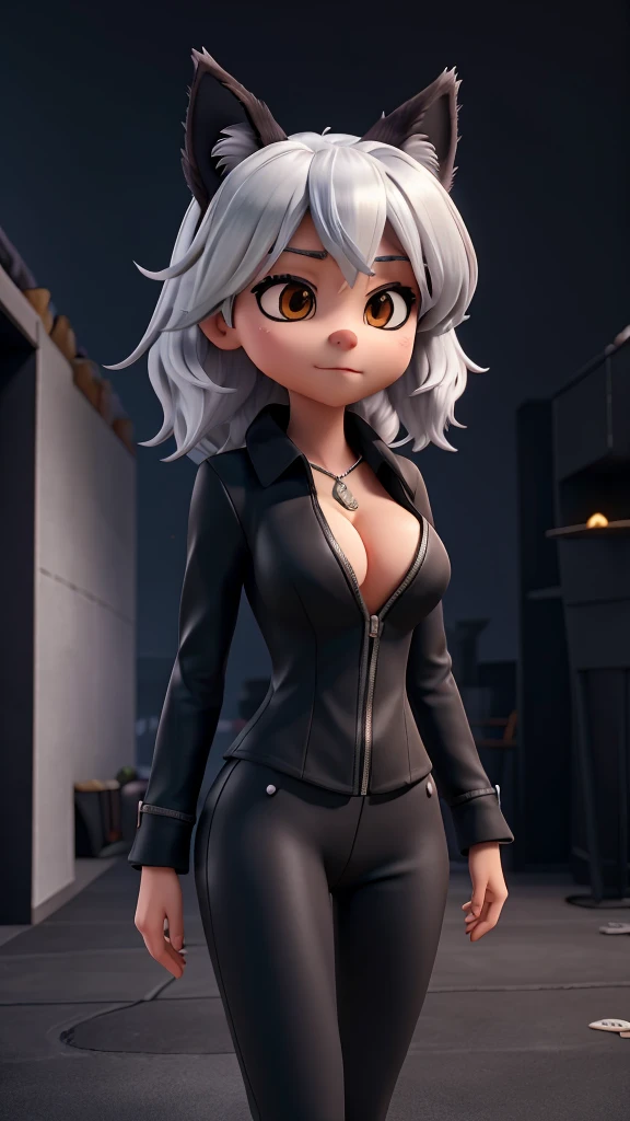 a single wolf girl with a black suit standing in middle of the night with a gun, 1girl, humanoid, anthro girl, furry girl, wolf ears, white hair, black blindfold, night in the city, poker face, no eyes, black suit, voluptuous, huge breast, beautiful background, 4k, insanely detailed, beautifully lit, masterpiece, best quality, ultra-detailed