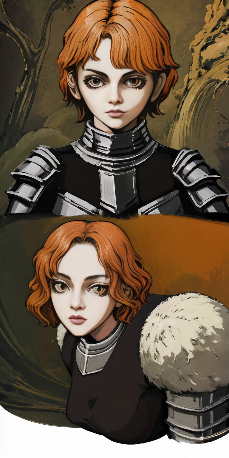 funger, very detailed illustration, 1girl, big breasts, highres, high quality, masterpiece, looking at viewer, (knight), orange hair, absurdres, ultra-detailed, short hair