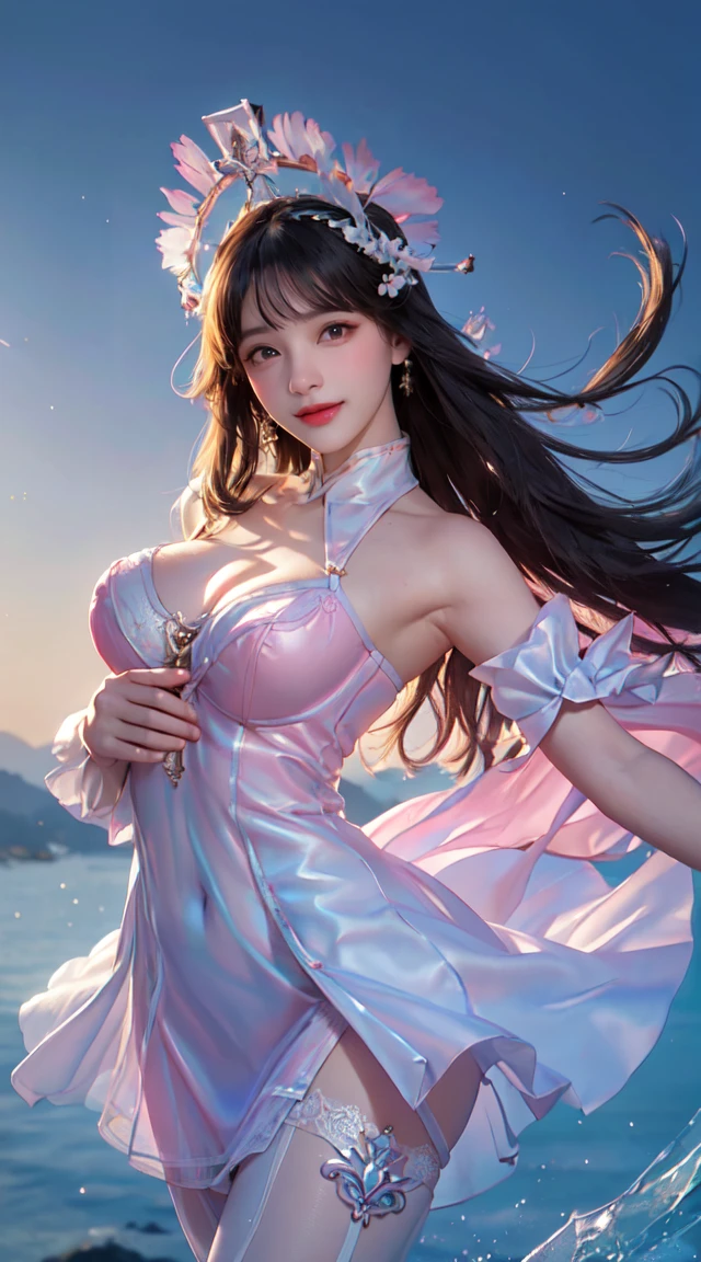 8k, RAW photo:1.2), best quality, ultra high res,dramatic angle,(fluttered detailed color splashs), (illustration),(((1 girl))),(long hair),(rain:0.9), (Headdress:1.4),There is an ancient palace beside the girl,Hanfu,(Key Points),Color ink painting,(Splash of Color),Splash of Color,(((colorful))),(sketch:0.8) , Masterpiece, best quality, beautiful painted, highly detailed,(denoising:0.6),[splash ink],((ink refraction)), (beautiful detailed sky),moon,highly,detaild,(masterpiece, best quality, extremely detailed） CG Unity 8k Wallpaper，masterpiece，best quality，Ultra Detailed），（Lycoris）.shoulder ballet dress open V-chested clothes Thin silk lace dress short skirt , (huge ，cleavage),, white pink, blue ，best qualtiy，tmasterpiece，Ultra-high resolution，（Reality：1.4），RAW photogr，（True skin texture：1.3），（filmgrain：1.3），（Selfie angle），1个Giant Breast Girl，Beautiful eye and face details，tmasterpiece，Best quality at best，，The chest more exposed， detailed hair, bra pink , detail 8k, full body, lace petticoat, fan handle