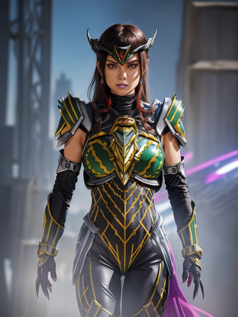 (best quality,4k,8k,highres,masterpiece:1.2),ultra-detailed,(realistic,photorealistic,photo-realistic:1.37),Female Villain commander from Super Sentai,leading a squad of troopes,hypnotic bright eyes,powerful and mysterious aura,dark lipstick and sharp facial features,bold and confident expression,commanding posture,wearing a black tight-fitting bodysuit embellished with silver armor plates,gloves with sharp claws and black boots,animated look of the troopes,each troope wearing a different colored suit: red, blue, yellow, and green,unified troopes' helmets with unique designs matching their suit colors,energy weapons in their hands,futuristic cityscape as the backdrop,neon lights reflecting off their armor,mixed with shadows and mist for a dramatic effect,action-packed scene filled with intense energy,Sci-fi concept art style,vibrant and contrasting colors,enhanced with magenta and electric blue tones,studio lighting,emphasizing the details of the characters and the environment.