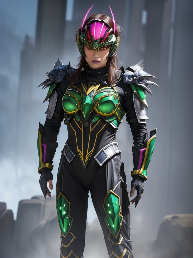 (best quality,4k,8k,highres,masterpiece:1.2),ultra-detailed,(realistic,photorealistic,photo-realistic:1.37),Female Villain commander from Super Sentai,leading a squad of troopes,hypnotic bright eyes,powerful and mysterious aura,dark lipstick and sharp facial features,bold and confident expression,commanding posture,wearing a black tight-fitting bodysuit embellished with silver armor plates,gloves with sharp claws and black boots,animated look of the troopes,each troope wearing a different colored suit: red, blue, yellow, and green,unified troopes' helmets with unique designs matching their suit colors,energy weapons in their hands,futuristic cityscape as the backdrop,neon lights reflecting off their armor,mixed with shadows and mist for a dramatic effect,action-packed scene filled with intense energy,Sci-fi concept art style,vibrant and contrasting colors,enhanced with magenta and electric blue tones,studio lighting,emphasizing the details of the characters and the environment.