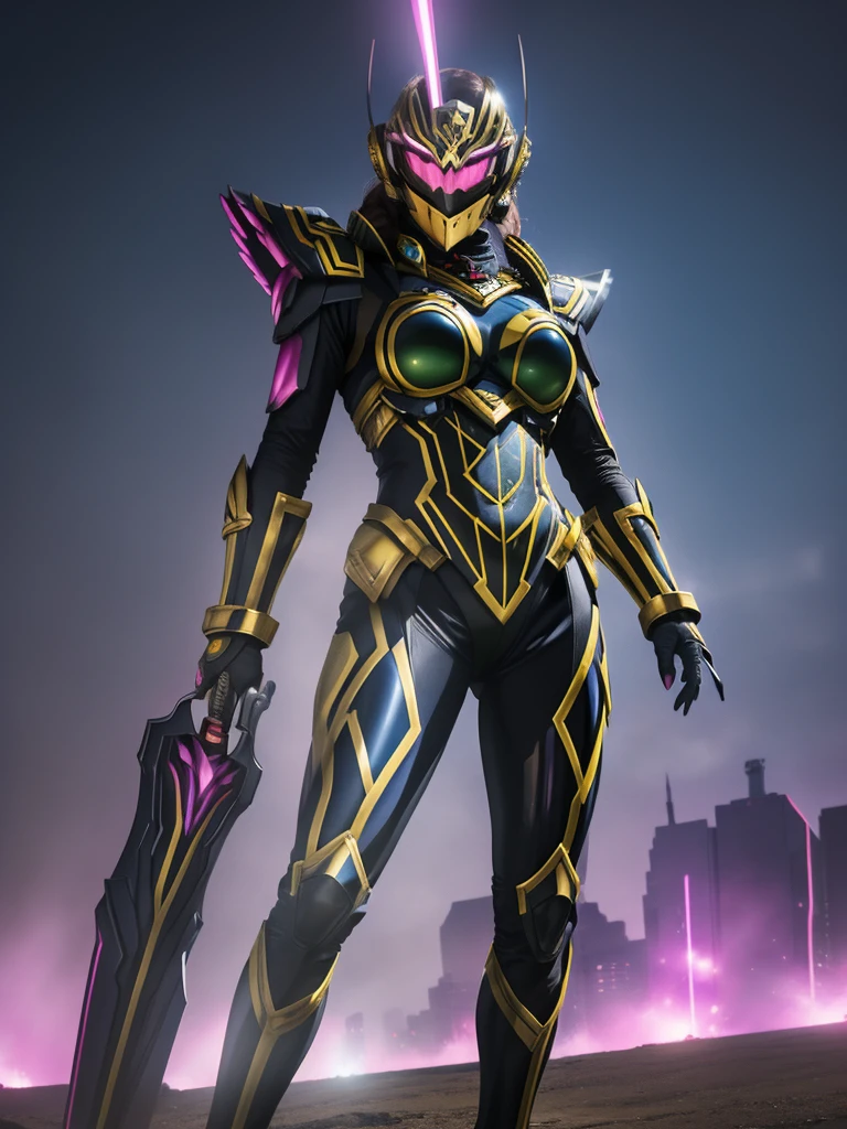 (best quality,4k,8k,highres,masterpiece:1.2),ultra-detailed,(realistic,photorealistic,photo-realistic:1.37),Female Villain commander from Super Sentai,leading a squad of troopes,hypnotic bright eyes,powerful and mysterious aura,dark lipstick and sharp facial features,bold and confident expression,commanding posture,wearing a black tight-fitting bodysuit embellished with silver armor plates,gloves with sharp claws and black boots,animated look of the troopes,each troope wearing a different colored suit: red, blue, yellow, and green,unified troopes' helmets with unique designs matching their suit colors,energy weapons in their hands,futuristic cityscape as the backdrop,neon lights reflecting off their armor,mixed with shadows and mist for a dramatic effect,action-packed scene filled with intense energy,Sci-fi concept art style,vibrant and contrasting colors,enhanced with magenta and electric blue tones,studio lighting,emphasizing the details of the characters and the environment.