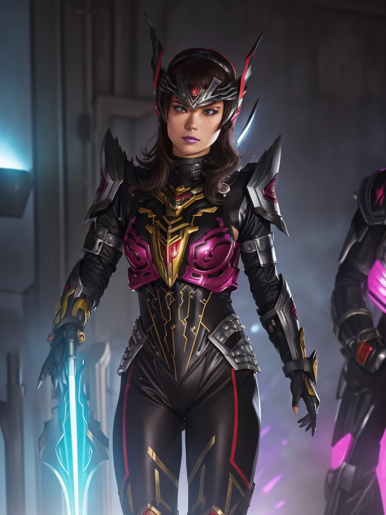 (best quality,4k,8k,highres,masterpiece:1.2),ultra-detailed,(realistic,photorealistic,photo-realistic:1.37),Female Villain commander from Super Sentai,leading a squad of troopes,hypnotic bright eyes,powerful and mysterious aura,dark lipstick and sharp facial features,bold and confident expression,commanding posture,wearing a black tight-fitting bodysuit embellished with silver armor plates,gloves with sharp claws and black boots,animated look of the troopes,each troope wearing a different colored suit: red, blue, yellow, and green,unified troopes' helmets with unique designs matching their suit colors,energy weapons in their hands,futuristic cityscape as the backdrop,neon lights reflecting off their armor,mixed with shadows and mist for a dramatic effect,action-packed scene filled with intense energy,Sci-fi concept art style,vibrant and contrasting colors,enhanced with magenta and electric blue tones,studio lighting,emphasizing the details of the characters and the environment.