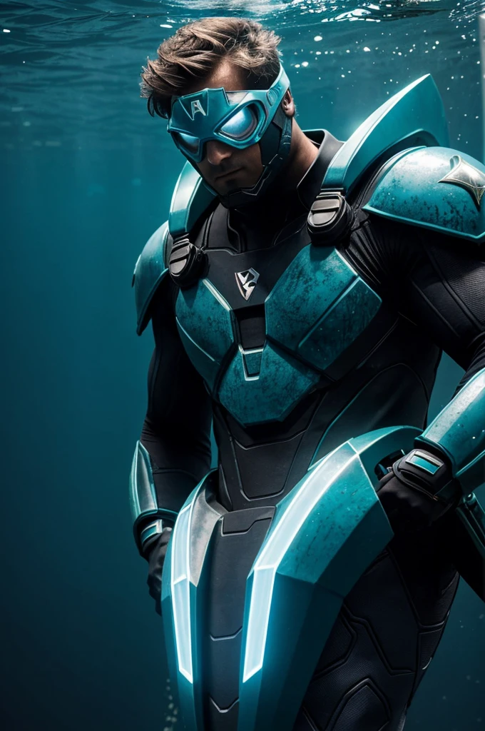 A superhero suit called Eco Warrior advanced diving dark blue with green details that reflect marine bioluminescence. He wears a visor that allows him to see clearly underwater and a trident that channels and amplifies his hydrokinetic powers.. his entire body