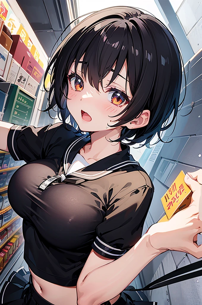 (intricate and super detailed anime style cute illustration),black hair,short hair,short sleeves school blezer uniform,big breasts,
open mouth,sweat,hyper cute,underwear magazine cover,