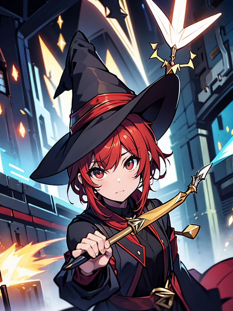 Red hair, short bob hair, wizard's hat, black clothes, wizard's wand, potion, teenage girl,