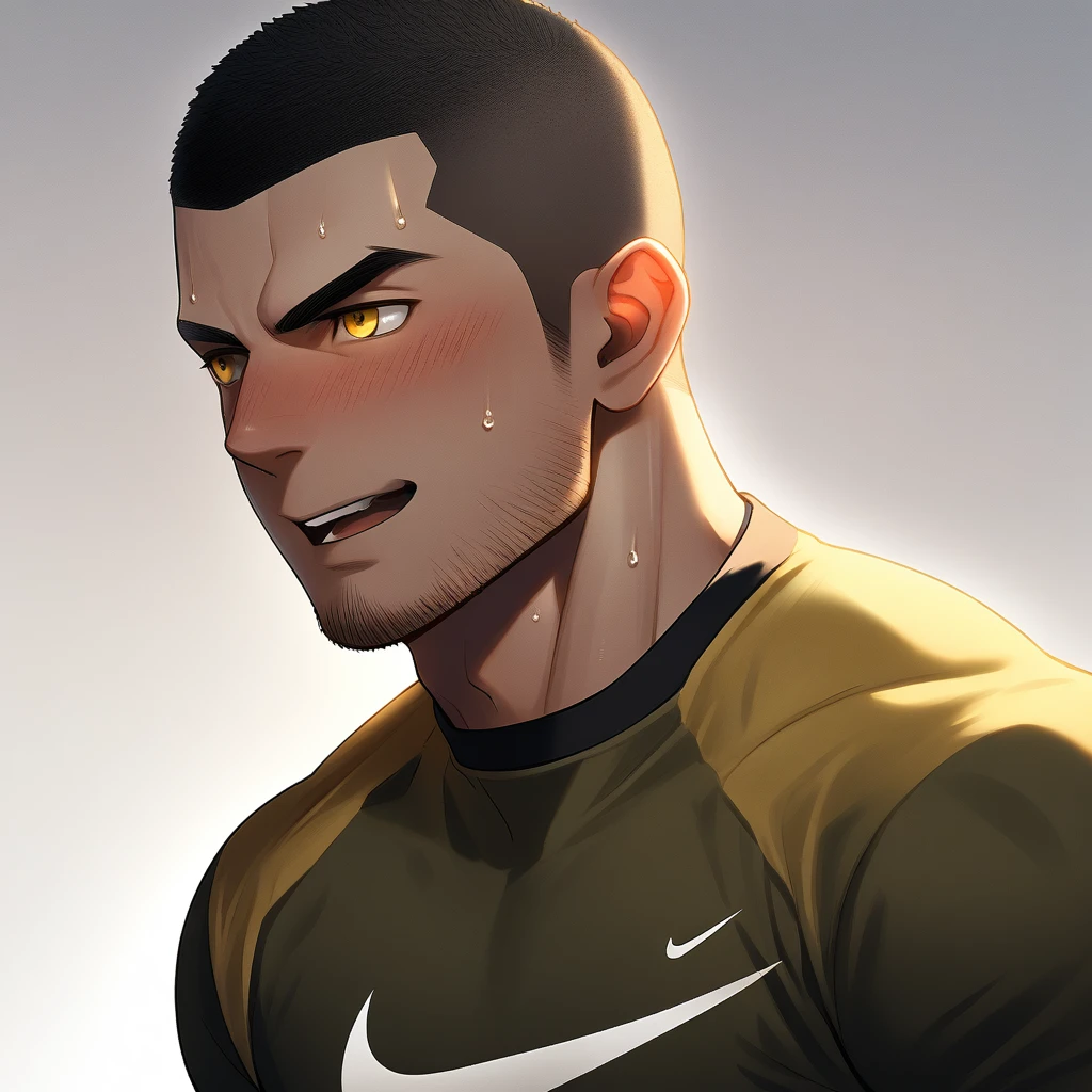 1muscular sportsman, Athlete,male focus, Buzz Cut, Yellow and black tight T-shirt, nike logo,Very tight, muscular male, muscular, only, Upper body, alone, look to the side, short hair, stubble, sweat, black hair, Yellow eyes, open lips, White background, simple background, amazing quality, best aesthetics, Ridiculous, crew cut, moaning, blush, clair obscur, cinematic lighting, best quality, textured skin
