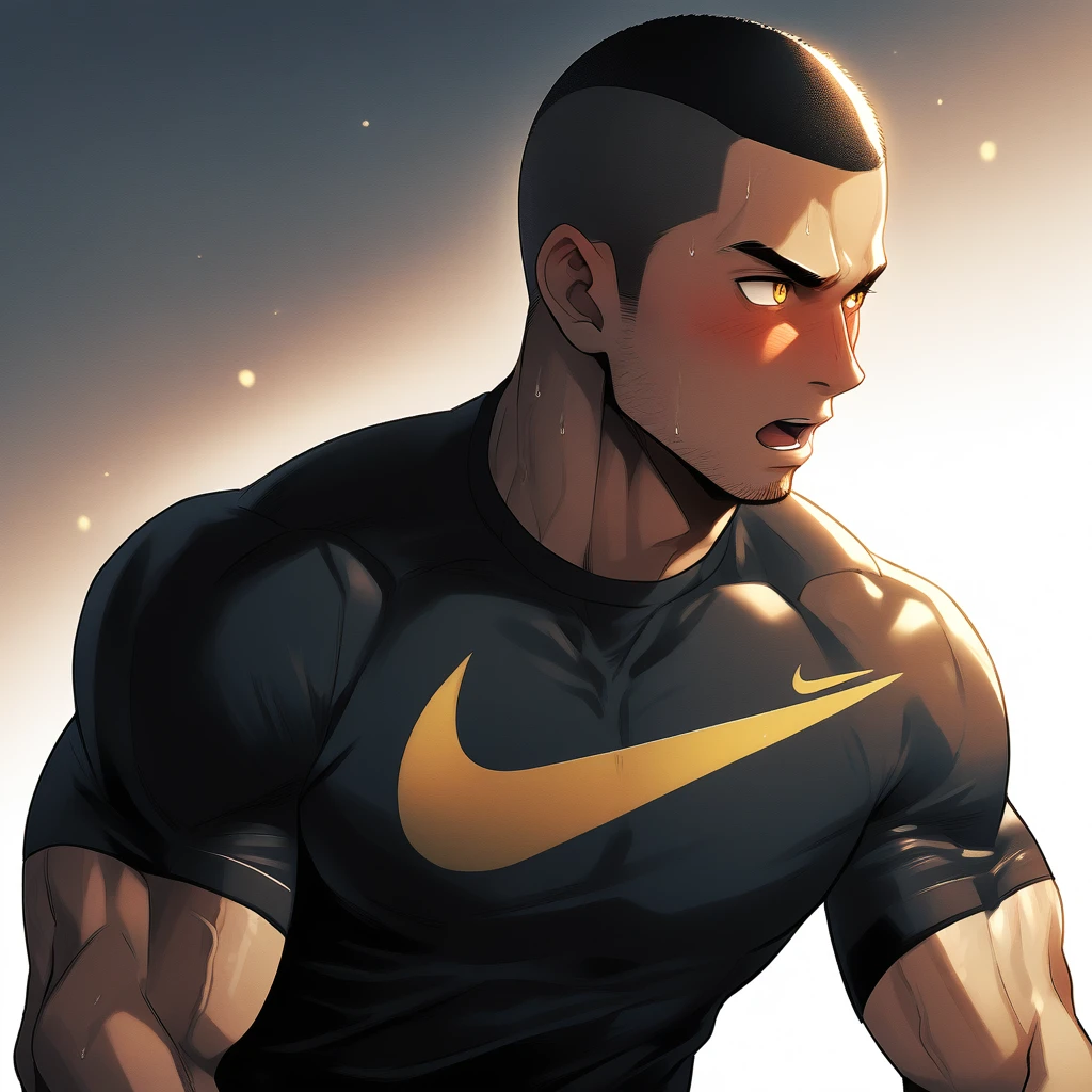 1muscular sportsman, Athlete，male focus, Buzz Cut, Yellow and black tight T-shirt, nike logo，Very tight, muscular male, muscular, only, Upper body, alone, look to the side, short hair, stubble, sweat, black hair, Yellow eyes, open lips, White background, simple background, amazing quality, best aesthetics, Ridiculous, crew cut, moaning, blush, clair obscur, cinematic lighting, best quality, textured skin