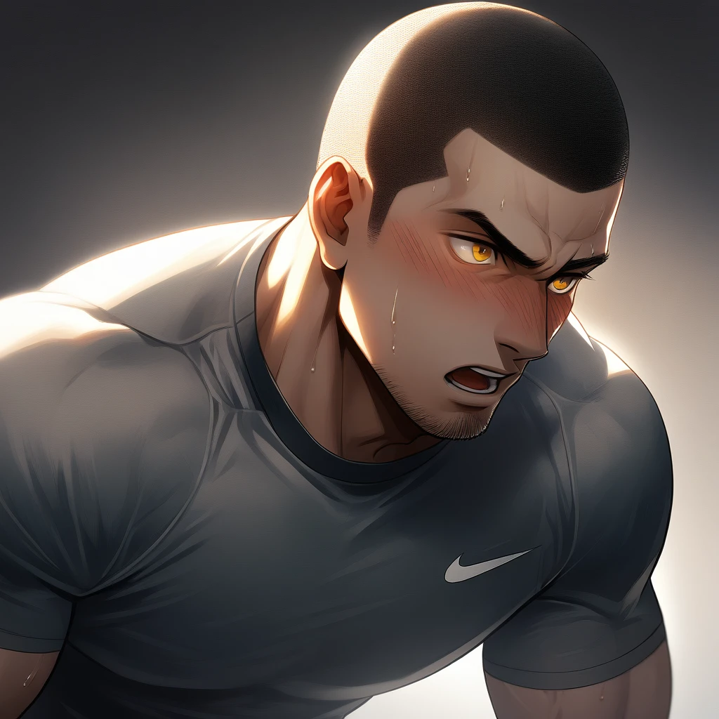 1muscular sportsman, Athlete，male focus, Buzz Cut, Yellow and black tight T-shirt, nike logo，Very tight, muscular male, muscular, only, Upper body, alone, look to the side, short hair, stubble, sweat, black hair, Yellow eyes, open lips, White background, simple background, amazing quality, best aesthetics, Ridiculous, crew cut, moaning, blush, clair obscur, cinematic lighting, best quality, textured skin