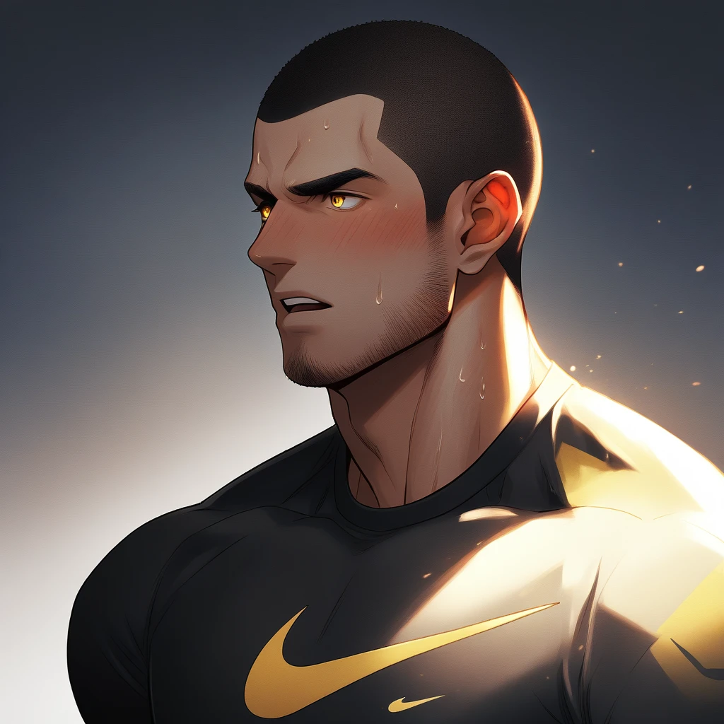 1muscular sportsman, Athlete,male focus, Buzz Cut, Yellow and black tight T-shirt, nike logo,Very tight, muscular male, muscular, only, Upper body, alone, look to the side, short hair, stubble, sweat, black hair, Yellow eyes, open lips, White background, simple background, amazing quality, best aesthetics, Ridiculous, crew cut, moaning, blush, clair obscur, cinematic lighting, best quality, textured skin