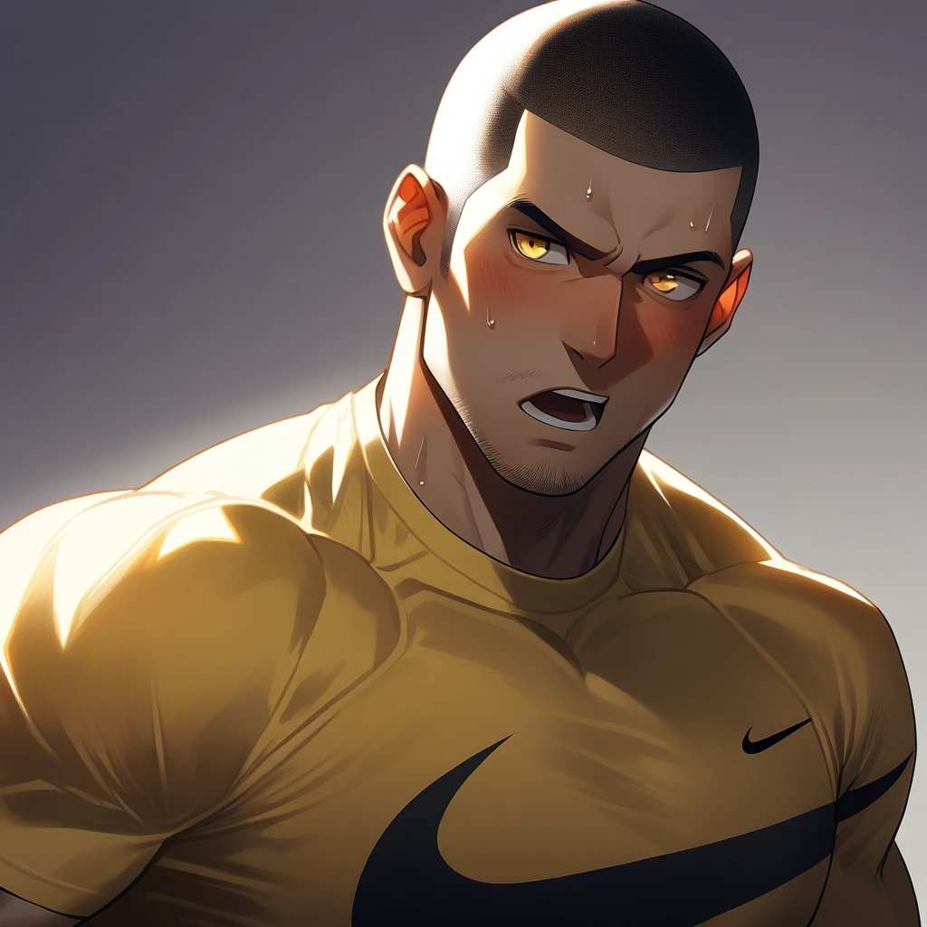 1muscular sportsman, Athlete,male focus, Buzz Cut, Yellow and black tight T-shirt, nike logo,Very tight, muscular male, muscular, only, Upper body, alone, look to the side, short hair, stubble, sweat, black hair, Yellow eyes, open lips, White background, simple background, amazing quality, best aesthetics, Ridiculous, crew cut, moaning, blush, clair obscur, cinematic lighting, best quality, textured skin