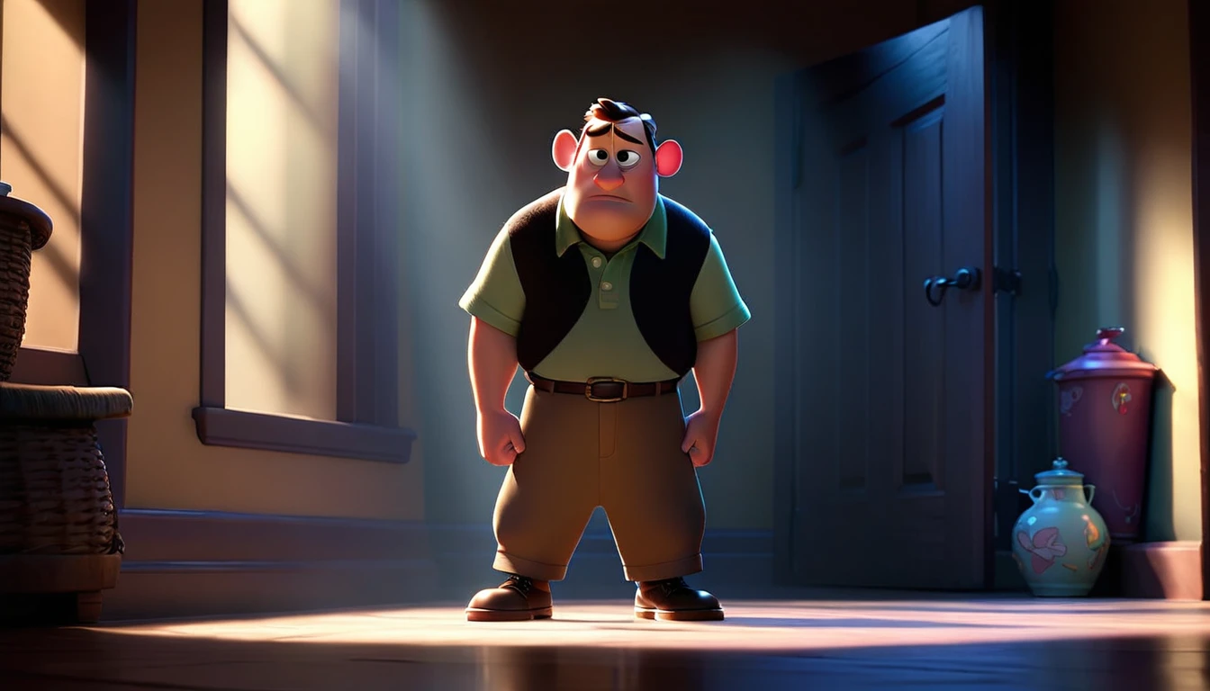 "A character standing partially in shadow, conveying a sense of inner conflict, in a dramatic Disney Pixar style."