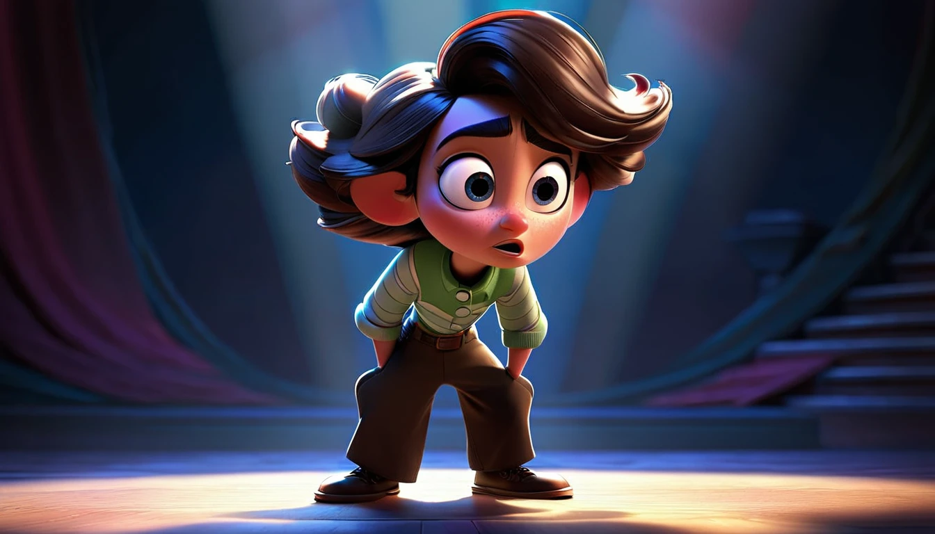 "A character standing partially in shadow, conveying a sense of inner conflict, in a dramatic Disney Pixar style."