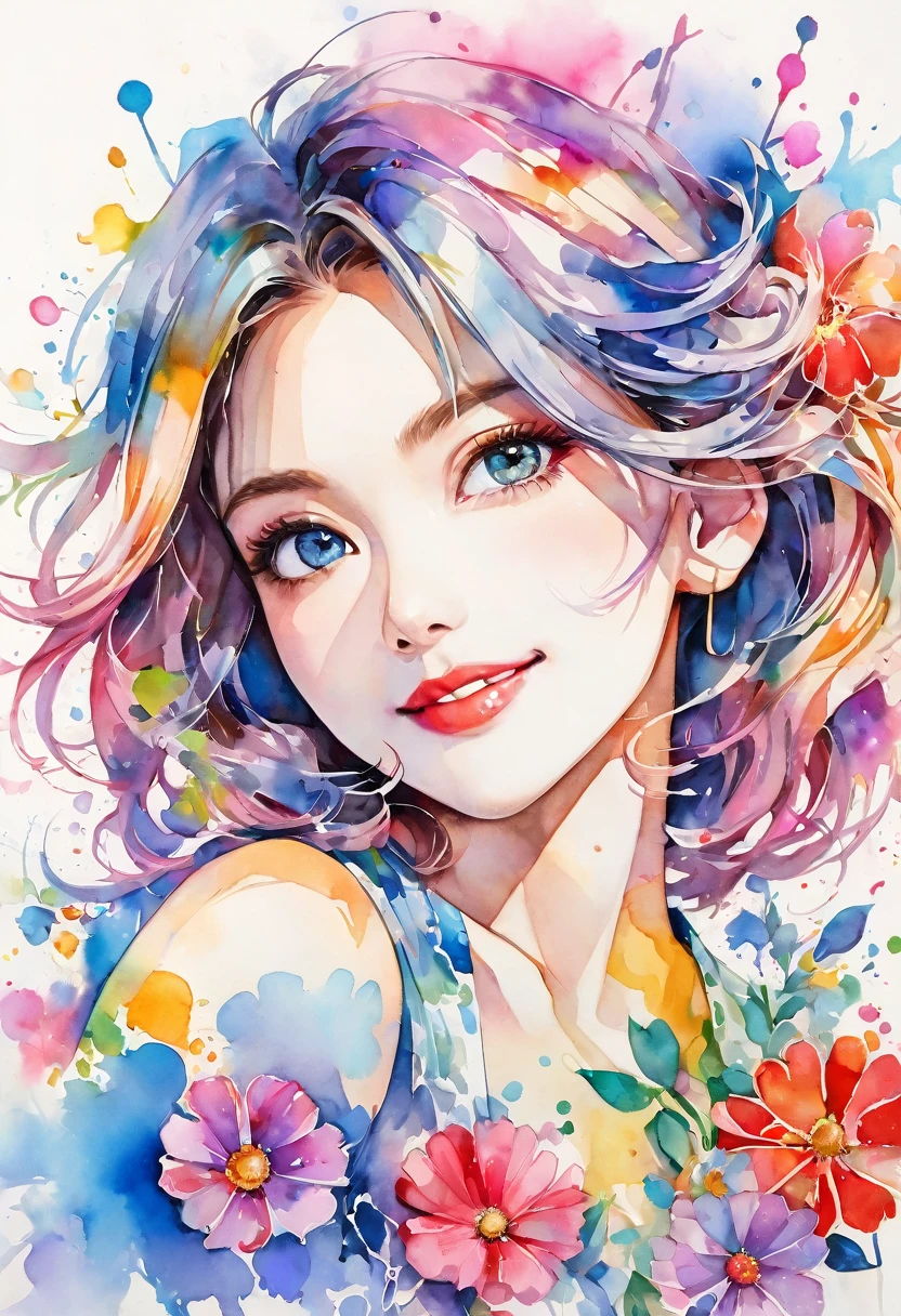 beautiful woman portrait, cute smile, Sylvia Pelissero watercolors, colorful flowers, beautiful eyes,  upper body, abstract art, intense watercolor, watercolor detailed art, watercolor splash, surreal, avant-garde pop art, Beautiful and expressive paintings, Beautiful artwork illustration, very colorful tones, wonderful, cool beauty, highest quality, official art, women only, sharp outline, best shot, vector art, lips in love、 (((The strongest beautiful women of all time))), (((Japanese)))、clear, (((highest quality))), lips in love, HDR, ((Detailed details)), stylish fashion, detailed clothing texture, (((graffiti art))), colorful hair, ((masterpiece))、((Super detailed))