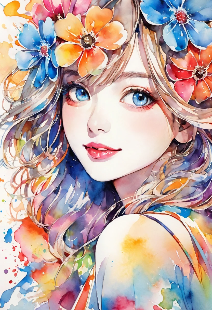 beautiful woman portrait, cute smile, Sylvia Pelissero watercolors, colorful flowers, beautiful eyes,  upper body, abstract art, intense watercolor, watercolor detailed art, watercolor splash, surreal, avant-garde pop art, Beautiful and expressive paintings, Beautiful artwork illustration, very colorful tones, wonderful, cool beauty, highest quality, official art, women only, sharp outline, best shot, vector art, lips in love、 (((The strongest beautiful women of all time))), (((Japanese)))、clear, (((highest quality))), lips in love, HDR, ((Detailed details)), stylish fashion, detailed clothing texture, (((graffiti art))), colorful hair, ((masterpiece))、((Super detailed))