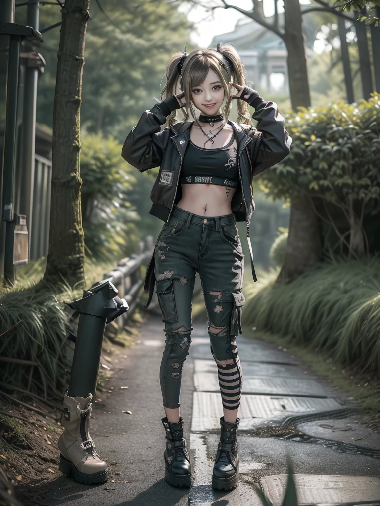 (Hostess:1.3)、(Smiling with teeth showing:1.3),(Shibuya Gal:1.5)、(Landmine Girl:1.4)、(Lolita Fashion:1.5)、(Punk RockVisual Kei:1.4)、(A modern short jacket in dark grey and moss green.:1.5)、(Tattered brown and charcoal denim low rise cargo pants:1.5)、(Mustard Yellow Headband:1.3)、(Charcoal and khaki striped knee socks:1.4)、collar、(Brown platform long boots)、(Clothing with logo pattern:1.4)、20-year-old、Browsing Caution,((Highest quality、In 8K、masterpiece:1.3))、Sharp focus:1.2、(Layered Cut、Huge breasts:1.1),Beautiful woman with perfect figure:1.4、(Doing an aerobics pose:1.3)、Slim Abs:1.2、Butt、Highly detailed face and skin texture、Fine grain、double eyelid,(Twin tails:1.3)、(Brownish golden hair:1.3)、Obscene、Idol Sculpture、(The landscape is a beautiful temple of water and forest:1.3)、(Slimming your legs:1.4)、(The body is slim:1.3)、(clavicle:1.1)