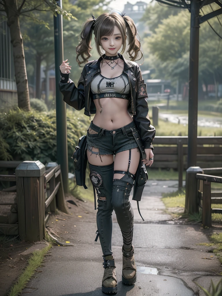 (Hostess:1.3)、(Smiling with teeth showing:1.3),(Shibuya Gal:1.5)、(Landmine Girl:1.4)、(Lolita Fashion:1.5)、(Punk RockVisual Kei:1.4)、(A modern short jacket in dark grey and moss green.:1.5)、(Tattered brown and charcoal denim low rise cargo pants:1.5)、(Mustard Yellow Headband:1.3)、(Charcoal and khaki striped knee socks:1.4)、collar、(Brown platform long boots)、(Clothing with logo pattern:1.4)、20-year-old、Browsing Caution,((Highest quality、In 8K、masterpiece:1.3))、Sharp focus:1.2、(Layered Cut、Huge breasts:1.1),Beautiful woman with perfect figure:1.4、(Doing an aerobics pose:1.3)、Slim Abs:1.2、Butt、Highly detailed face and skin texture、Fine grain、double eyelid,(Twin tails:1.3)、(Brownish golden hair:1.3)、Obscene、Idol Sculpture、(The landscape is a beautiful temple of water and forest:1.3)、(Slimming your legs:1.4)、(The body is slim:1.3)、(clavicle:1.1)