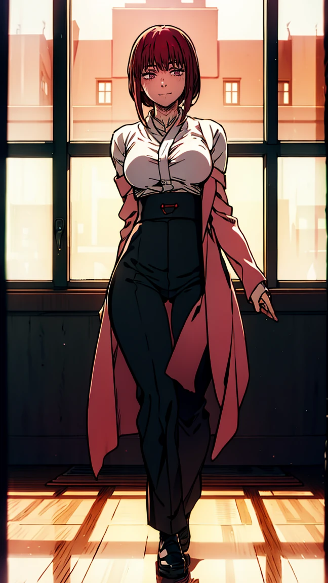 O personagem Featherine da Visual Novel Umineko, Full length (full body 1.1.), darkness background, darkness, correct anatomy 1.1, correct anatomy of the hand, very sexy, erotism, very feminine, Beautiful figure, flegs, Buttocks, Body cute, Red hair, orange eyes, Red circles for students, summer dress, pose sexy, realisitic, very detailded, Body cute, detailded body, detailded hands, detailded, Fluttering, detailded Face, Design de personagem Makima. very detailded, detailded body, detailded hands, detailded Face, anime art, Hugo Details, Very haggard face, detailded eyes, super fine illustration, best shade, finely detail, beautiful detailded glow, beautiful detailded, extraordinarily cute, extremely detailded, unexpressive, epic composition, anime styling. anime art anime art, anime styling, tight black pants, cabelo roxo, orange eyes, white shirt, wearing black overcoat, executive clothing