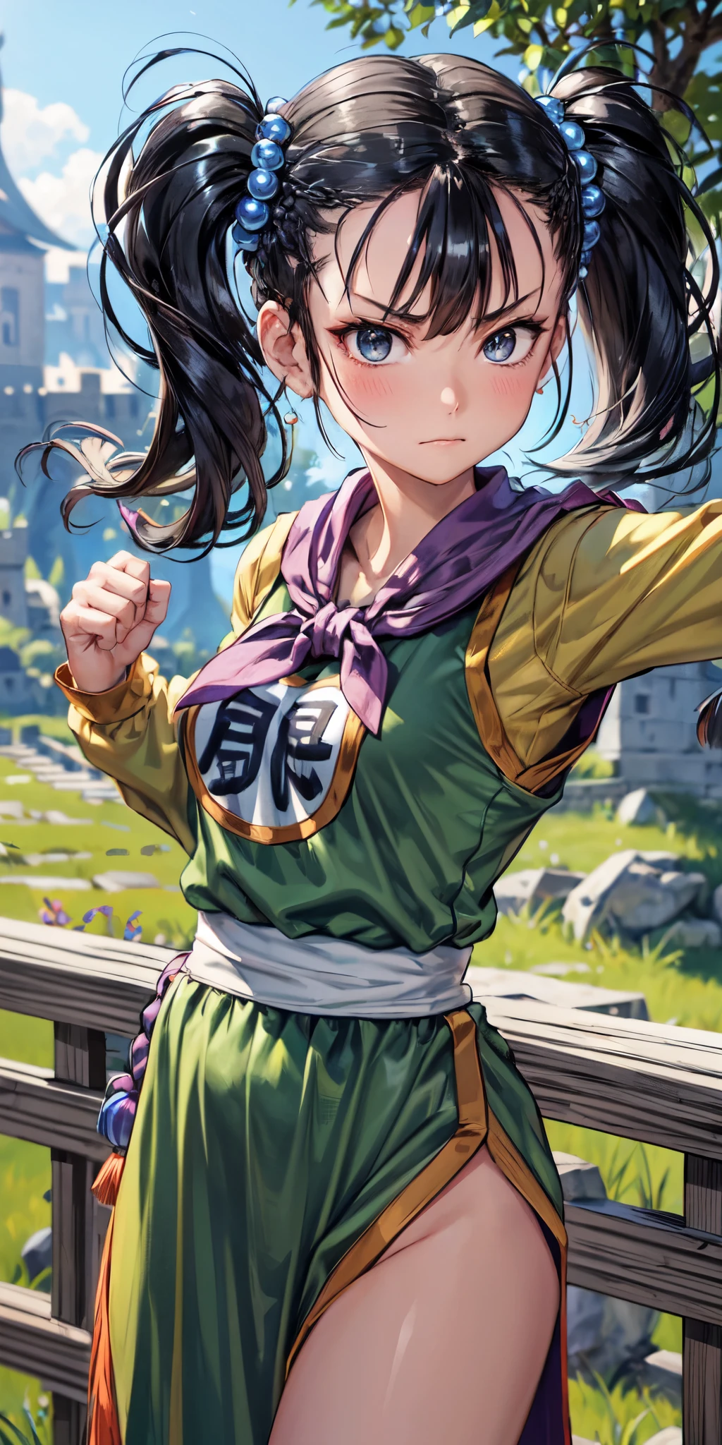 masterpiece, best quality, 4k, 8k, fighter (dq3), 1girl, solo, long hair, twintails, looking at viewer, black hair, hair ornament, long sleeves, dress, medium breasts, closed mouth, cowboy shot, black eyes, chinese clothes, hair bobbles, clenched hand, Punching, Boxing Jab, Feet Apart, Ancient Castle