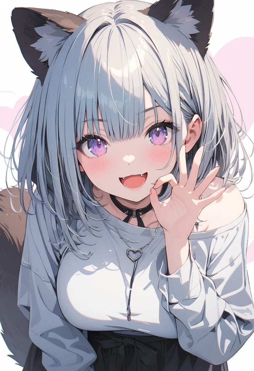 (best quarity,ultra detailed,ultra-high-resolution, absolutely resolution,8k, masterpiece),anime,(pale colors:1.8),long shot, 1girl, solo, cat mouth, dynamic angle, OK sign, grin, smile, opened mouth, fang, blue hair, bobcut, straight hair, racoon ears, racoon tail, (brown streaked hair:1.3), (blunt bangs) ,thick eyebrows, big breast, off shoulder clothes, cutout,  striped and heart background, shadow, 
