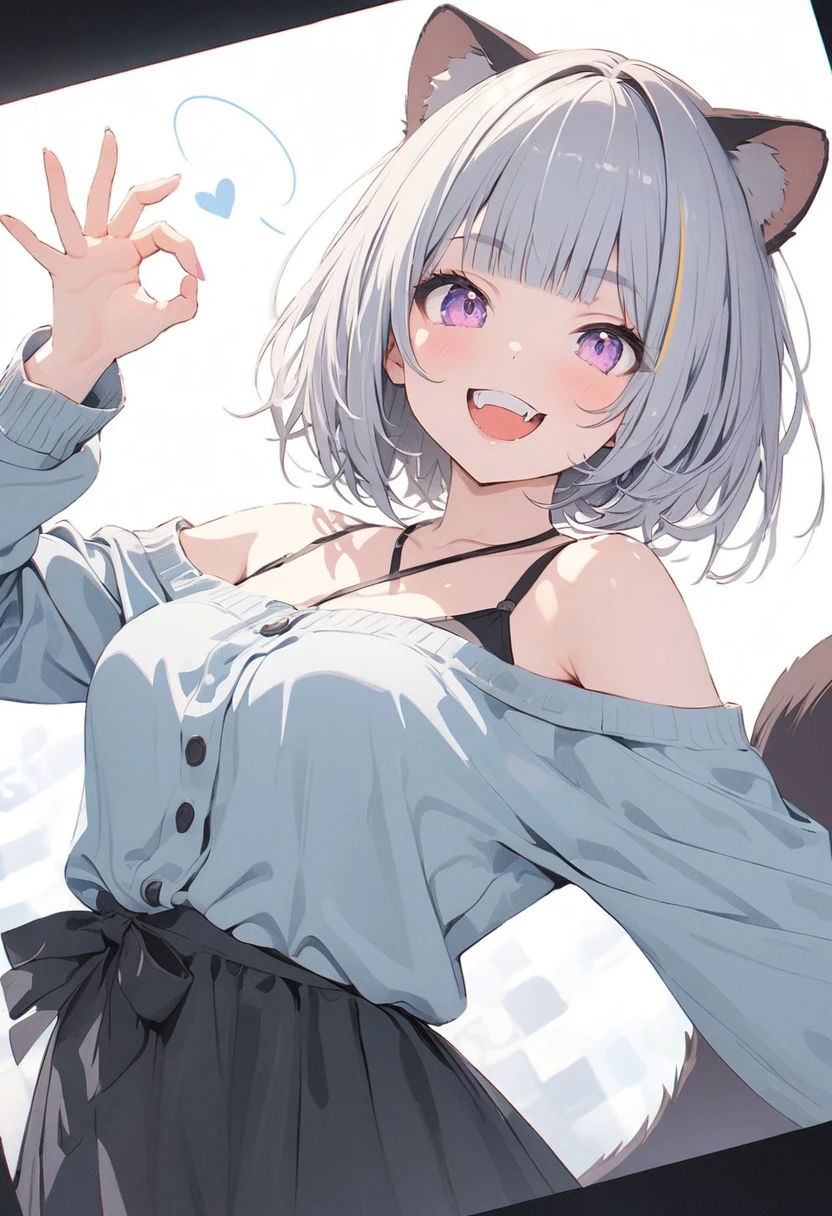 (best quarity,ultra detailed,ultra-high-resolution, absolutely resolution,8k, masterpiece),anime,(pale colors:1.8),long shot, 1girl, solo, cat mouth, dynamic angle, OK sign, grin, smile, opened mouth, fang, blue hair, bobcut, straight hair, racoon ears, racoon tail, (brown streaked hair:1.3), (blunt bangs) ,thick eyebrows, big , off shoulder clothes, cutout, striped and heart background, shadow,