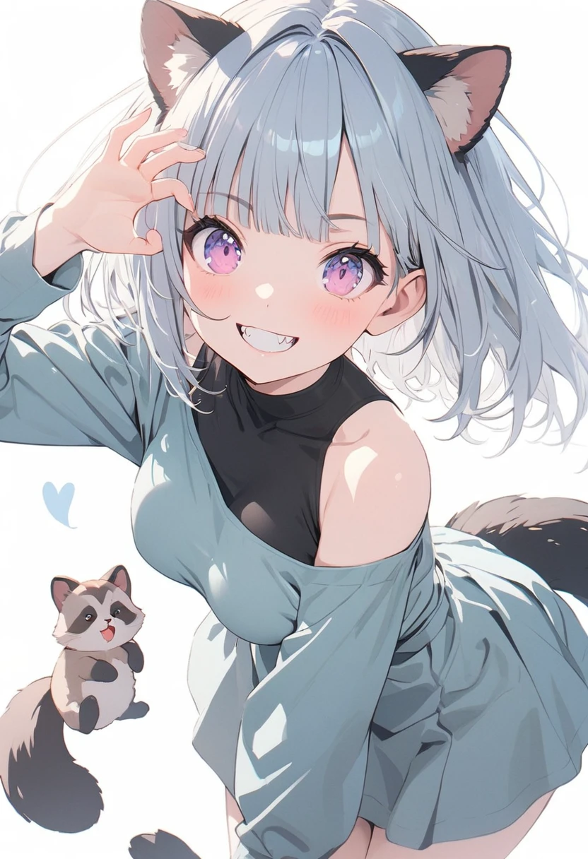 (best quarity,ultra detailed,ultra-high-resolution, absolutely resolution,8k, masterpiece),anime,(pale colors:1.8),long shot, 1girl, solo, cat mouth, dynamic angle, OK sign, grin, smile, opened mouth, fang, blue hair, bobcut, straight hair, racoon ears, racoon tail, (brown streaked hair:1.3), (blunt bangs) ,thick eyebrows, big breast, off shoulder clothes, cutout,  striped and heart background, shadow, 