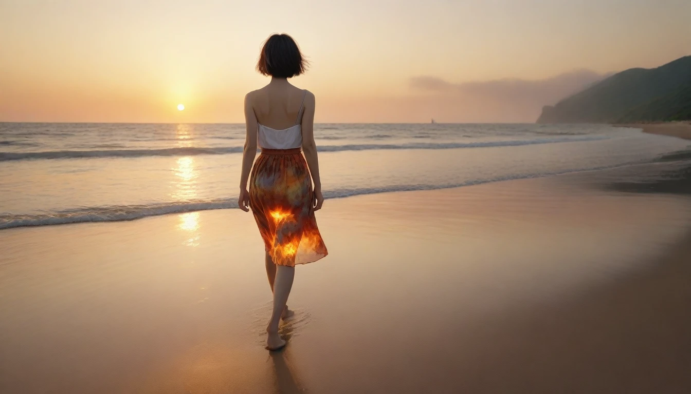 8K realistic, life-like photos, Realistic appearance of nature, , Woman walking along the beach at sunset. From a distance with a wide-angle lens , Front view of Asian woman wearing light skirt, burning sunset light, 1 woman, Short and thin haired, Look at the camera