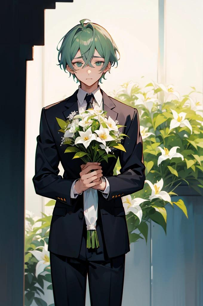 (((Young man with a bouquet))), Bouquet of lilies.  From the waist up, Overlooking, with index finger, wise ( Valuing ), zerochan,パースが効いたOverlookingの構図,  suit, wataru kajika, anime character, the truth of the matter, 2 d anime style, detailed anime character art, anime moe artstyle, anime style character