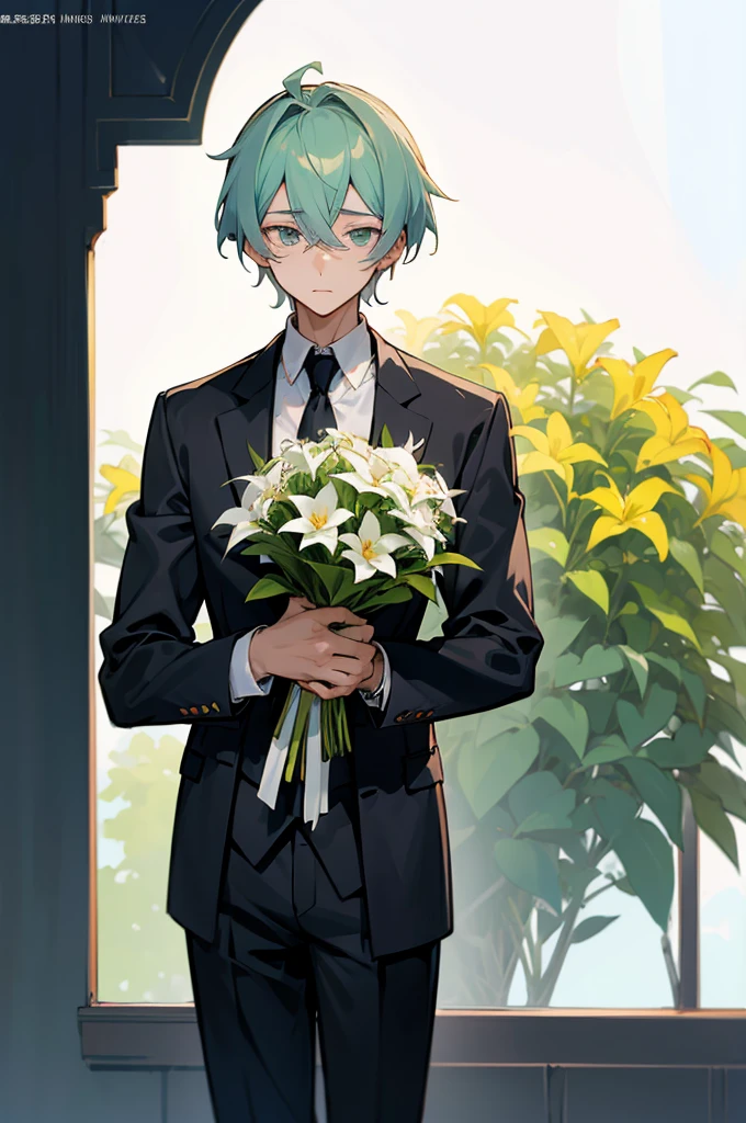 (((Young man with a bouquet))), Bouquet of lilies.  From the waist up, Overlooking, with index finger, wise ( Valuing ), zerochan,パースが効いたOverlookingの構図,  suit, wataru kajika, anime character, the truth of the matter, 2 d anime style, detailed anime character art, anime moe artstyle, anime style character