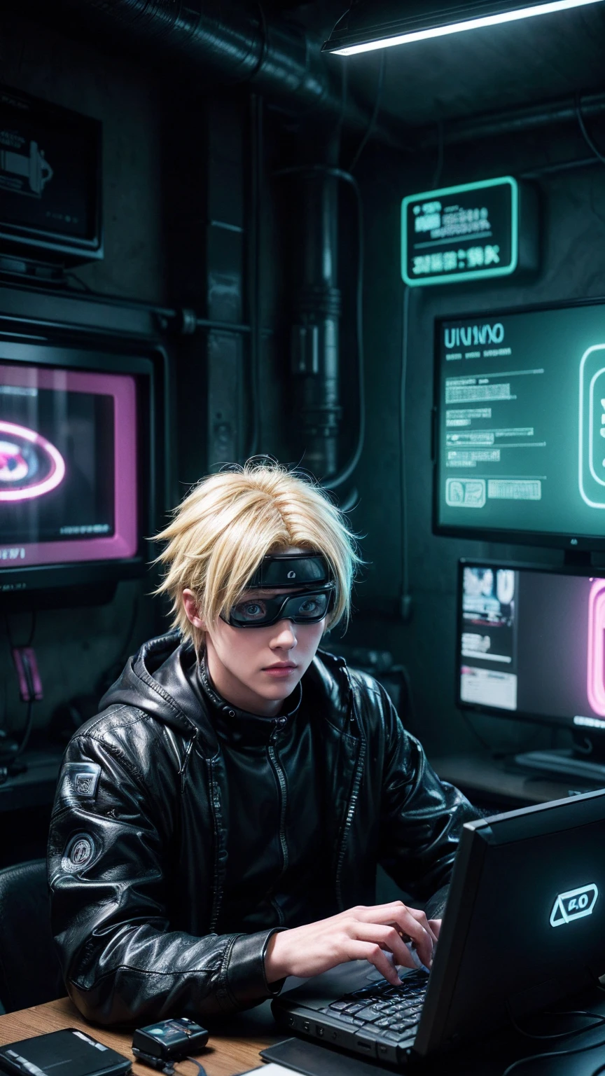 ((best quality)), ((masterpiece)), (Very detailed: 1.3), 3d, neon black, Uzumaki Naruto Cyberpunk, man, blond, blue eyes (Using a thick and high-tech head-mounted display: 1.2), Use a cover, hacking a computer terminal, Purple neon surveillance light, Green neon lights on the wall,