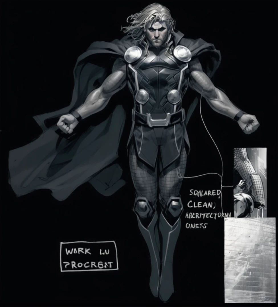 Close-up drawing of a man in a raincoat, Marvel concept art, inspired by Ryan Stegman, super exaggerated proportions, expert high detail concept art, A figure of heroic proportions, Black Thor, female superhero proportions, new costume concept, Concept art of comics, concept art: Futuristic Norwegian, full body concept, dark high contrast concept art, detailed full body concept