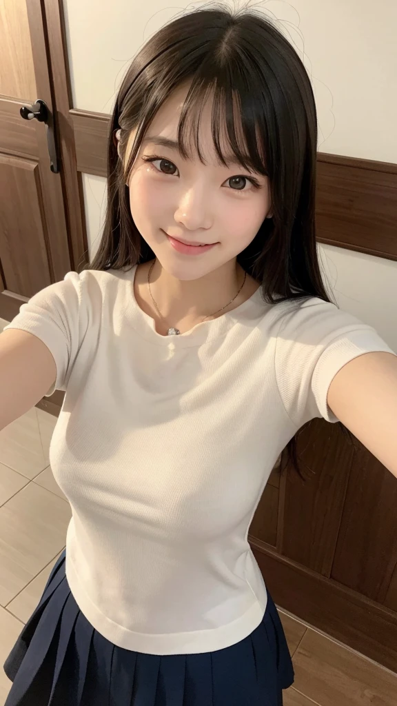 1People Girls,Selfie,from above,20-year-old,student,Beauty,Beautiful face,Cute face, japanese girl, large bretht, embarrassed,Embarrassed smile,{{{masterpiece}}}, {{{best quality}}}, {{ultra-detailed}}, {illustration}, {{an extremely delicate and beautiful}}