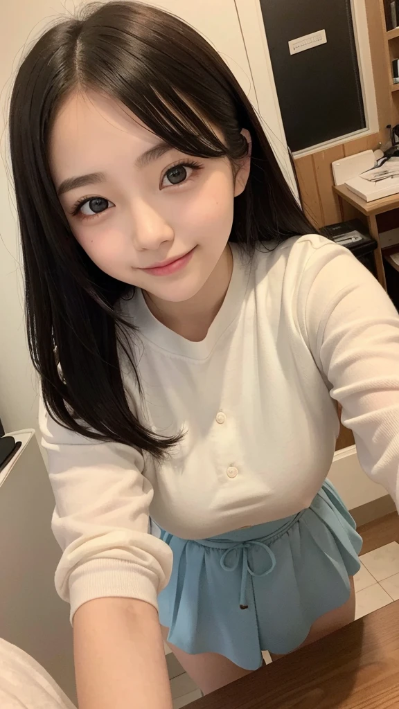 １People Girls,Selfie,from above,20-year-old,student,Beauty,Beautiful face,Cute face, japanese girl, large bretht, embarrassed,Embarrassed smile,{{{masterpiece}}}, {{{best quality}}}, {{ultra-detailed}}, {illustration}, {{an extremely delicate and beautiful}}