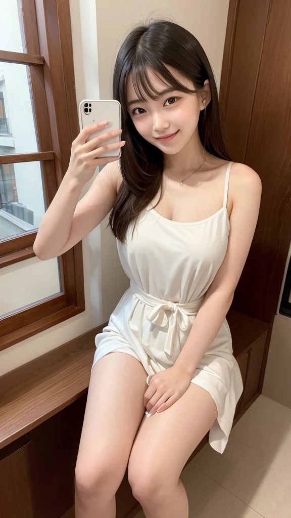 1People Girls,Selfie,from above,20-year-old,student,Beauty,Beautiful face,Cute face, japanese girl, large bretht, embarrassed,Embarrassed smile,{{{masterpiece}}}, {{{best quality}}}, {{ultra-detailed}}, {illustration}, {{an extremely delicate and beautiful}}