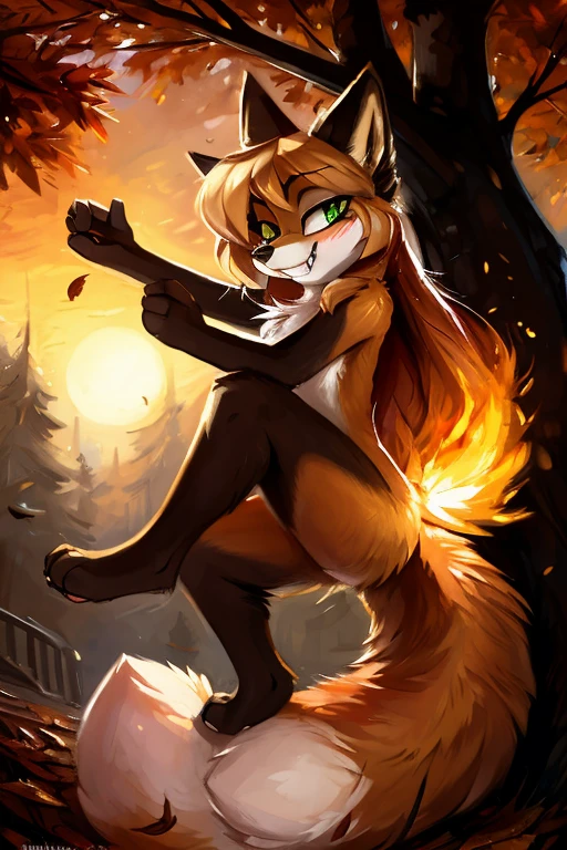uploaded to E621, by kenket, by Kilinah, by Einshelm, by fluff-kevlar, by foxovh, beautiful and detailed portrait of an anthropomorphic vixen ((female))), (detailed averi), (detailed lighting), (detailed fur), (detailed breasts), BREAK, (cinematic lighting), ((detailed background)), ((depth of field)), (half body shadow), ((looking at viewer)), [backlighting], [detailed ambient light], [ambient light on the belly], [realistic proportions], [explicit content, adult, nsfw], [sharp focus], (questionable content), (shaded), (hi res), ((masterpiece)), (Averi, Fox girl), (anthro, fluffy fur), anthro fox girl, body fur, curvy, sexy, nice, cute, hot, sassy, sassy hips, (Averi, Fox girl), green eyes, solo, blush, flat chest, chest fluff, speech bubble, heart, hearts, side view, raised leg, half-open eyes, smug expression, smug, smile, fangs, exclamation mark, in mid air, freefall, in mid air after jumping, wet fur, autumn, in a park, foggy, tree, leaves falling, tail tip emanating magnificent magical fire, scarlet fire encircling the tail tip, fiery tail tip, flames emanating from magical fox tail, magical tail fire, fire fox tail, foxfire, body tilted backwards