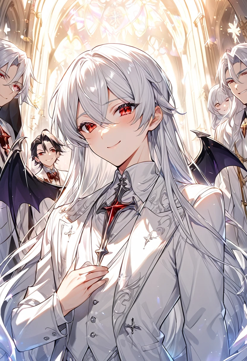 The men are drawn in anime style, Red eyes, Silver long hair, Shyly、and smile happily, shy, virtuous, cute, A blissful and gentle expression, An elegant gesture, Wearing a white gothic formal style outfit, Shiny white holy church background, Holy Priest Vampire, holy aura
