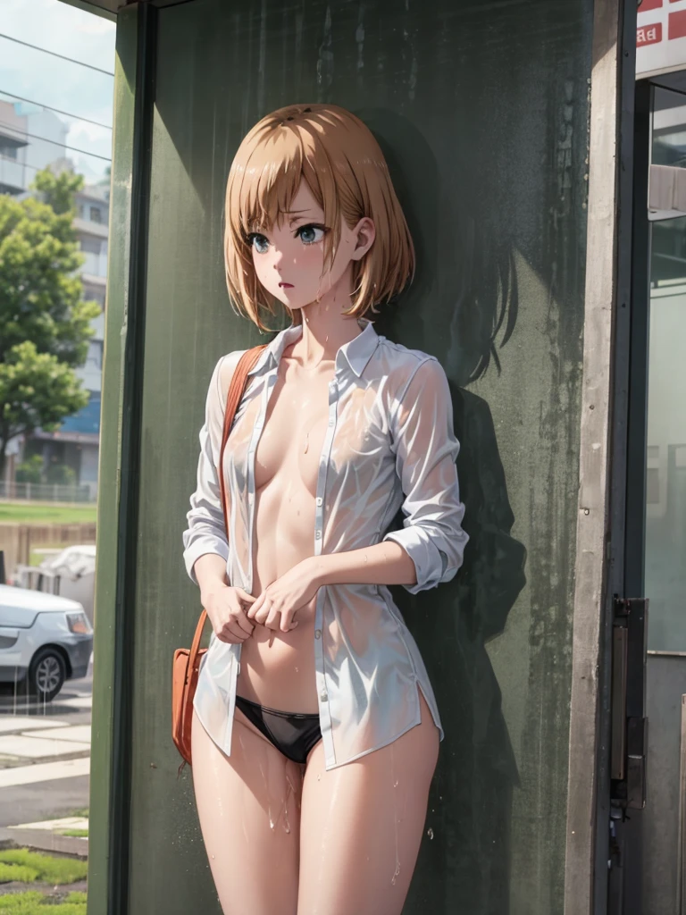 Girl, no pants, Shirt unbuttoned, You can see her breasts, Bus stop in the Rice fields  background, openlegs, Bare chest, small breast, slim body, Sneakers , wet body, Wet hair, rain, Experiences Orgasm, You can see the ass 