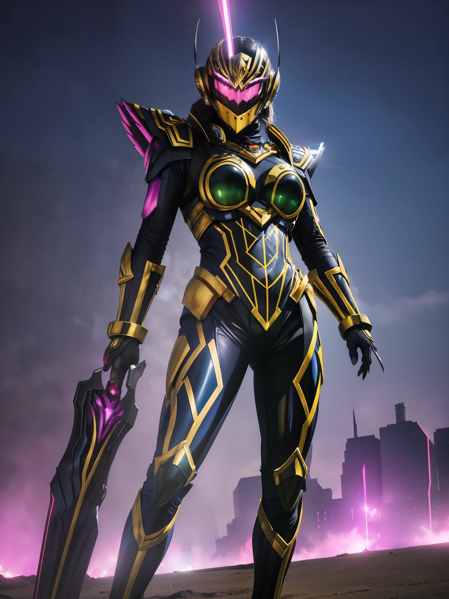 (best quality,4k,8k,highres,masterpiece:1.2),ultra-detailed,(realistic,photorealistic,photo-realistic:1.37),Female Villain commander from Super Sentai,leading a squad of troopes,hypnotic bright eyes,powerful and mysterious aura,dark lipstick and sharp facial features,bold and confident expression,commanding posture,wearing a black tight-fitting bodysuit embellished with silver armor plates,gloves with sharp claws and black boots,animated look of the troopes,each troope wearing a different colored suit: red, blue, yellow, and green,unified troopes' helmets with unique designs matching their suit colors,energy weapons in their hands,futuristic cityscape as the backdrop,neon lights reflecting off their armor,mixed with shadows and mist for a dramatic effect,action-packed scene filled with intense energy,Sci-fi concept art style,vibrant and contrasting colors,enhanced with magenta and electric blue tones,studio lighting,emphasizing the details of the characters and the environment.