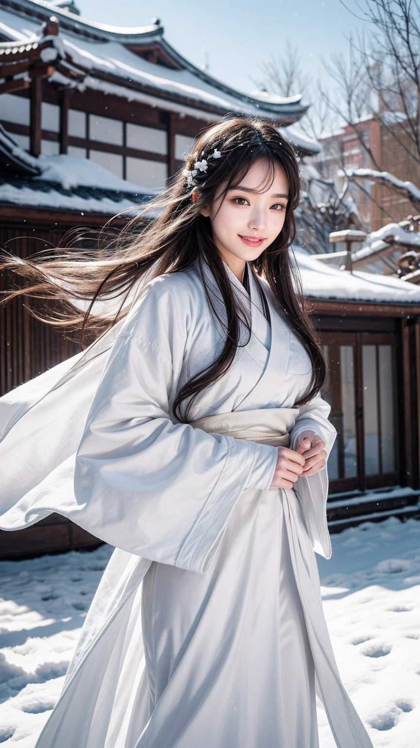 best quality, 4k picture quality, 1 Girl, White Hanfu, snow, Long hair fluttering in the wind, A healing smile, Large aperture, Blurred background
